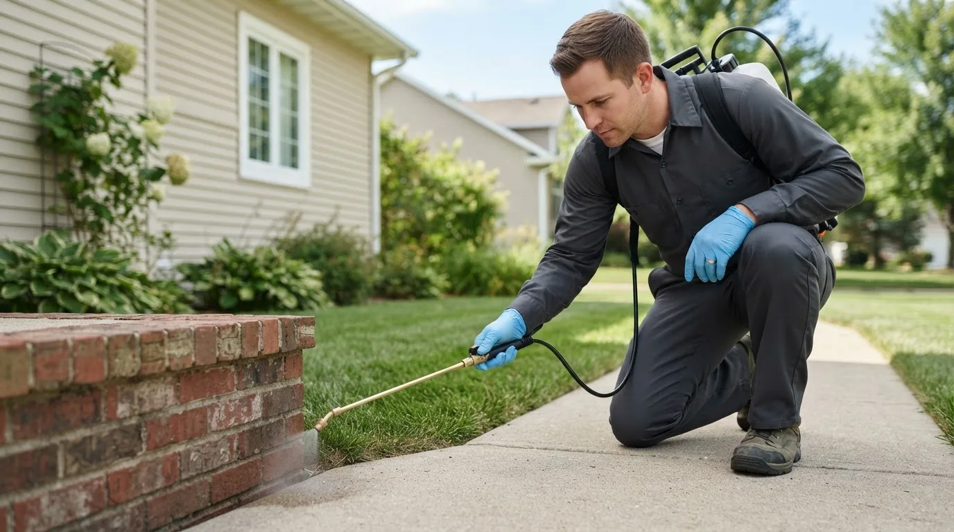 Pest control technician treating a home near West Brookfield, MA